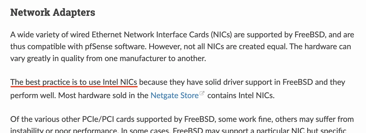 netgate Docs, Hardware [[링크]](https://docs.netgate.com/pfsense/en/latest/hardware/index.html)