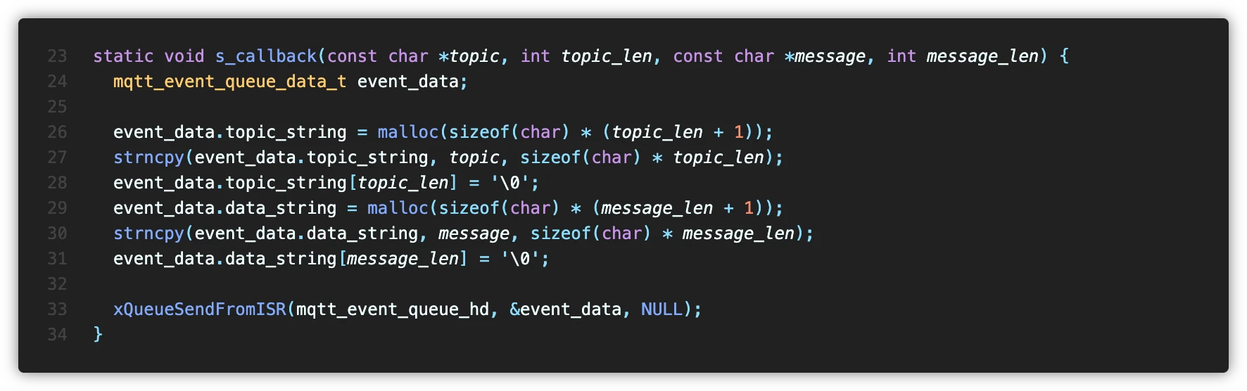 app/task/network_task/task_module.c 중 일부 - MQTT Subscribe Callback