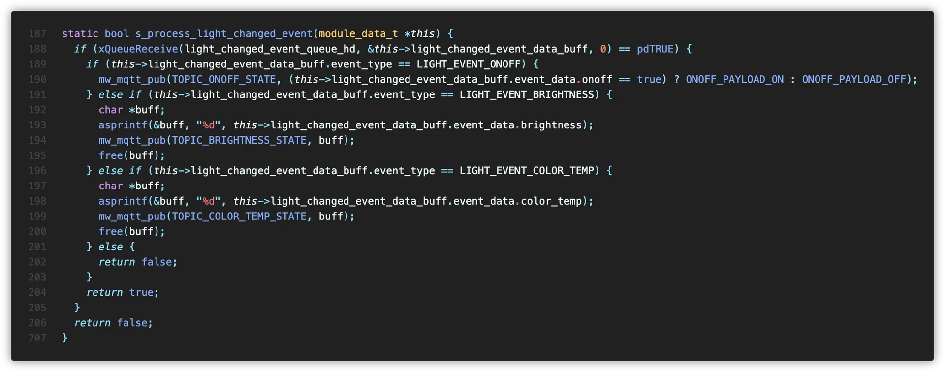 app/task/network_task/task_module.c 중 일부 - 조명 변경 이벤트 처리