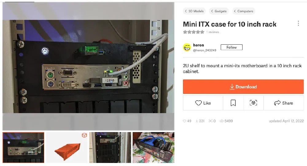 printables의 Mini ITX case for 10 inch rack 3D 모델