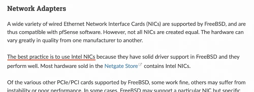 netgate Docs, Hardware [[링크]](https://docs.netgate.com/pfsense/en/latest/hardware/index.html)