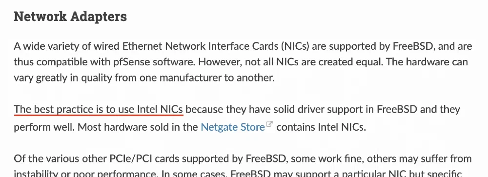 netgate Docs, Hardware [[링크]](https://docs.netgate.com/pfsense/en/latest/hardware/index.html)