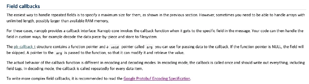 Nanopb Docs - concepts 중 Field callbacks
