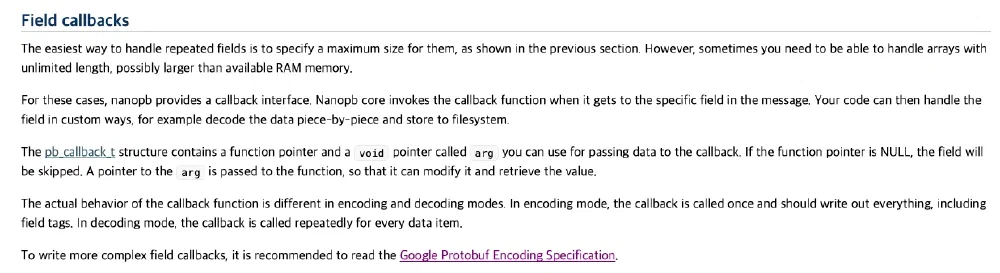 Nanopb Docs - concepts 중 Field callbacks