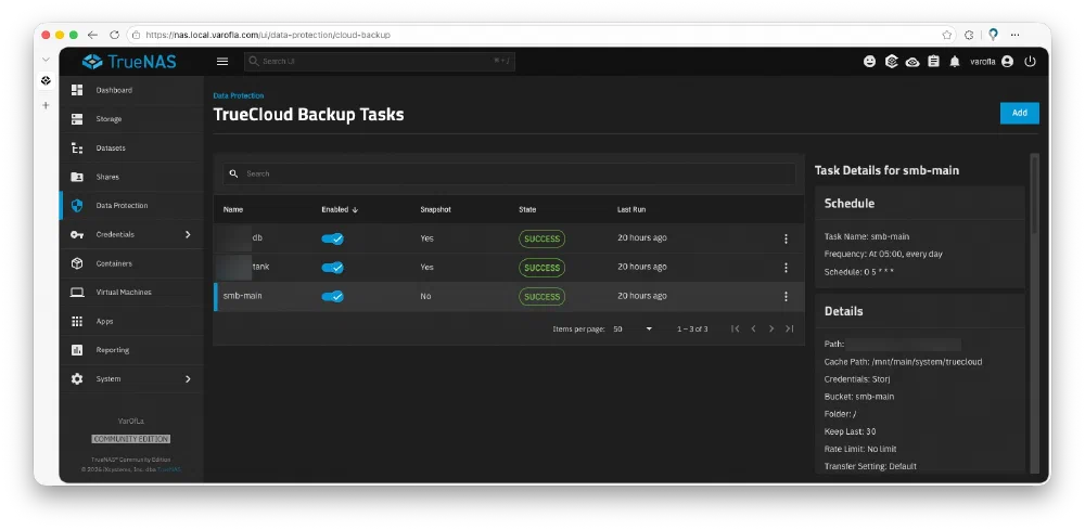 TrueNAS의 TrueCloud 백업 상태