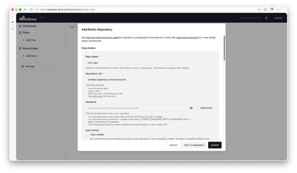 Backrest의 repository 설정