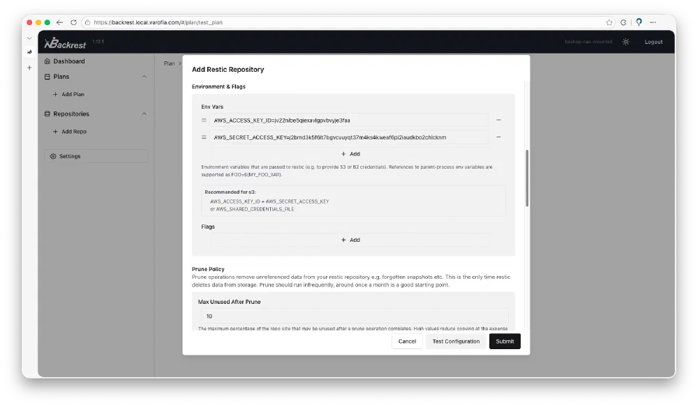 Backrest의 repository 설정 중 AWS S3