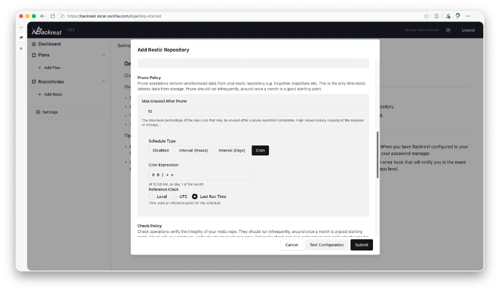 Backrest의 repository 설정 중 Prune 작업