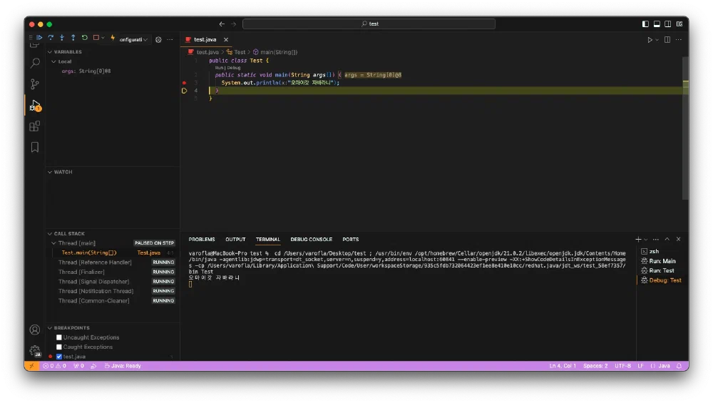 macOS의 VSCode(Visual Studio Code)에서 Java 테스트