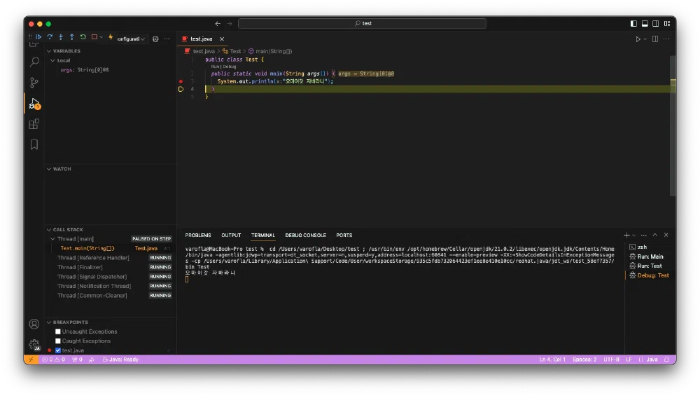 macOS의 VSCode(Visual Studio Code)에서 Java 테스트