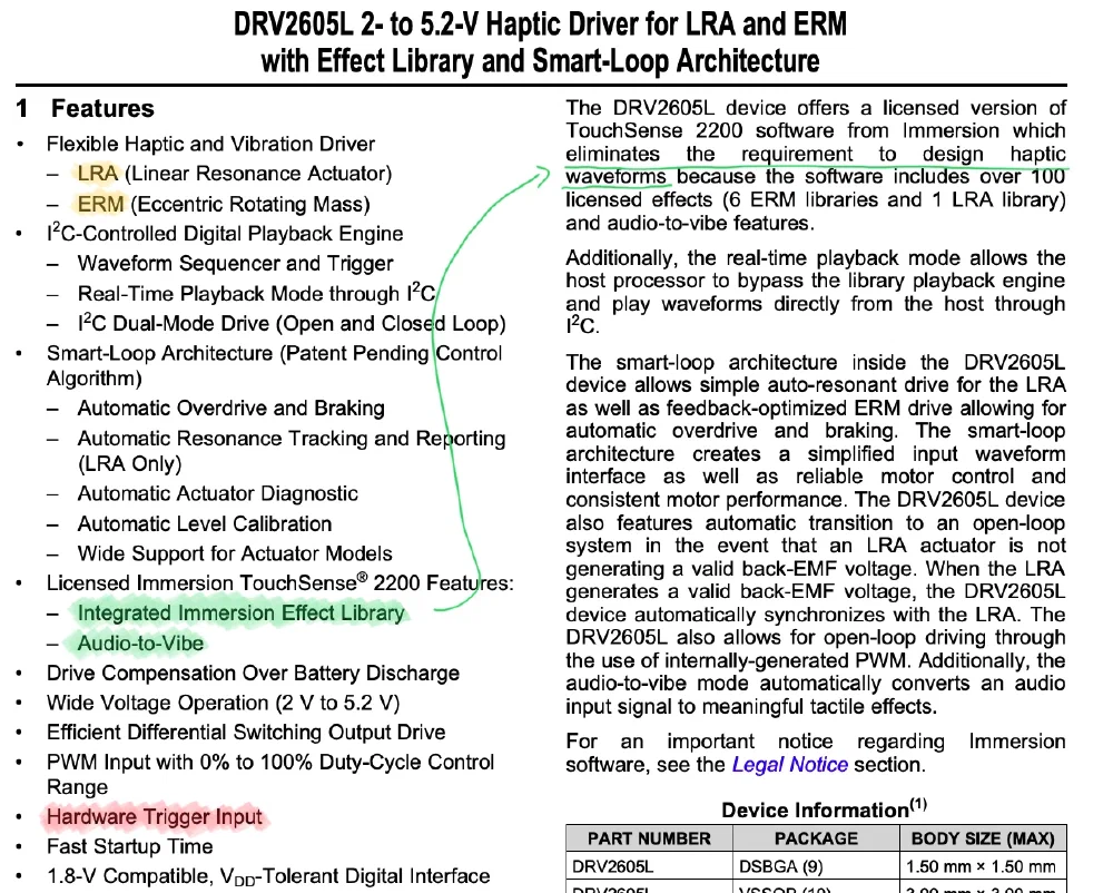 DRV2605 데이터시트 중 일부