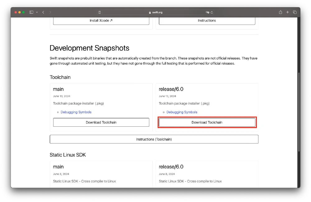 Swift - Development Snapshots [[링크]](https://www.swift.org/install/macos/)