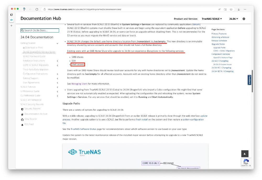 TrueNAS SCALE Upgrade Notes [[링크]](https://www.truenas.com/docs/scale/24.04/gettingstarted/scalereleasenotes/#upgrade-notes)