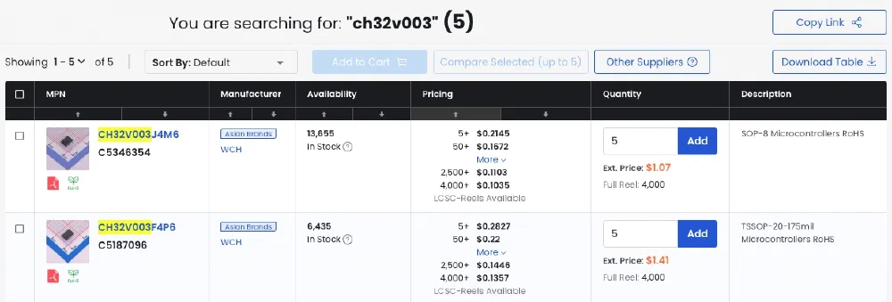 LCSC - CH32V003 낮은 가격순 검색